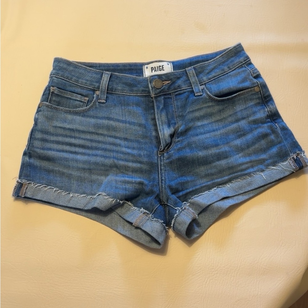 PAIGE Blue Denim Shorts with Cuffed Hem and Stretch.